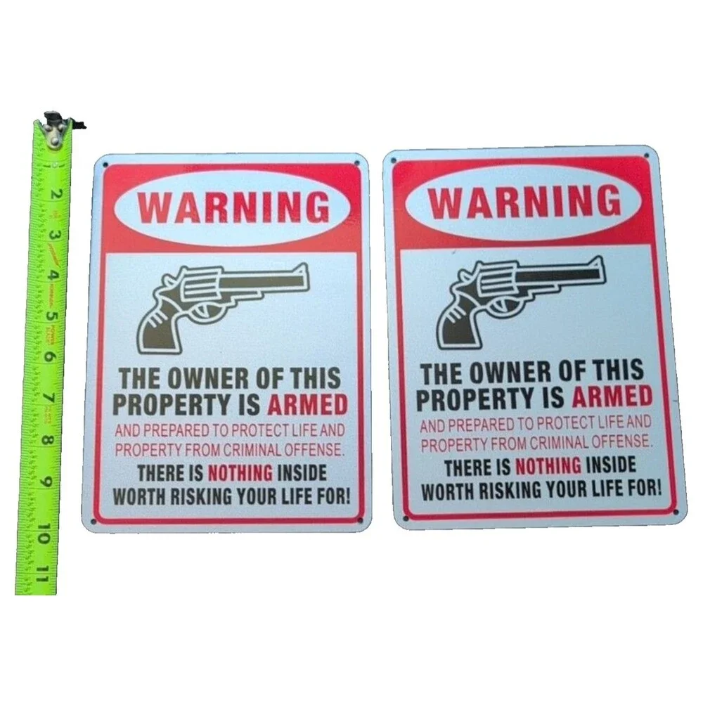 Set of 2 Warning Armed Property Security Signs Metal 7x10 No Trespassing